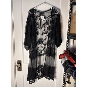 Y2k Whimsigoth Goth Witch Cardigan Womens Large Black Lace Duster Sheer Open